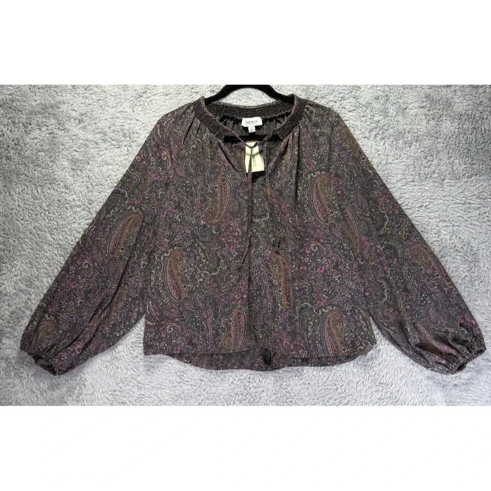 NEW Evereve Womens L Kyra Paisley Blouse Smocked V Neck Balloon Sleeve Boho USA